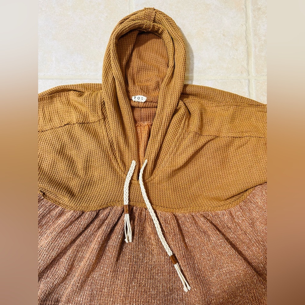 POL Hooded sweater top S Brown Textured Tassels Bohemian Hippie Festival Casual - Picture 4 of 9
